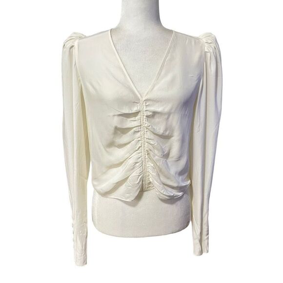 Frame Ruched Long-Sleeve Blouse Off-White V-Neck Size Medium New !! - Picture 2 of 14